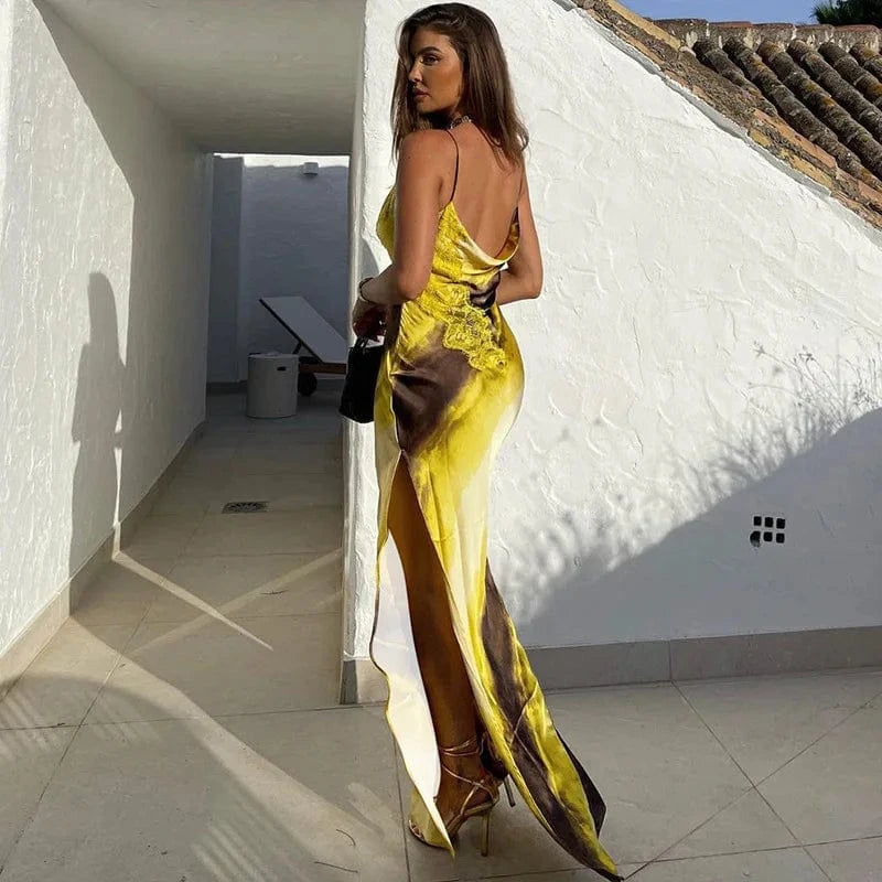 J&H 2024 Print Slit Lace Splicing Spaghetti Strap Midi Dress Sexy Vacation Y2K Sropshipping New Spring Casual Clothing