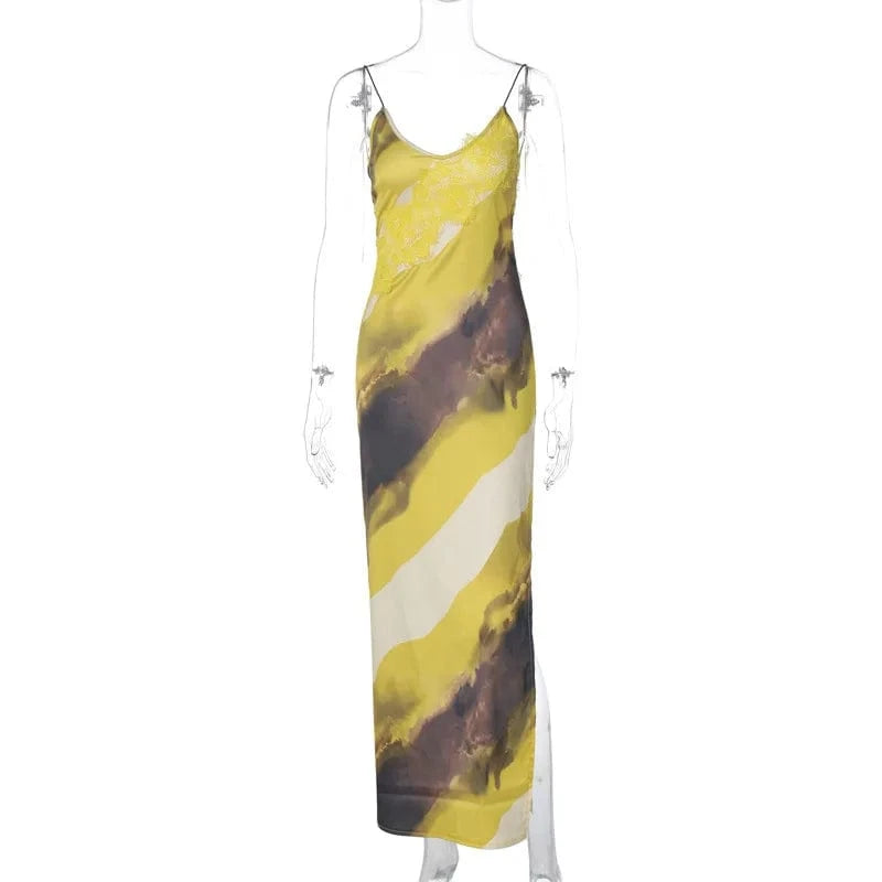 J&H 2024 Print Slit Lace Splicing Spaghetti Strap Midi Dress Sexy Vacation Y2K Sropshipping New Spring Casual Clothing