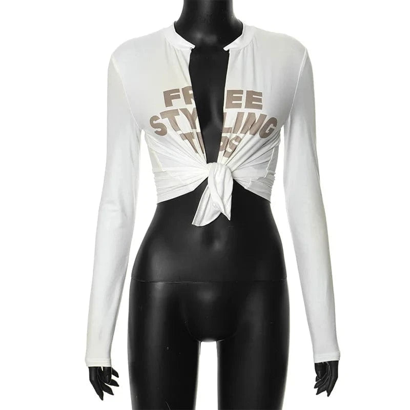 J&H 2024 Spring New Chic Y2K Crop Top Print Open Navel Slim Fit Fashion Half Cut Out Cardigan T-Shirt