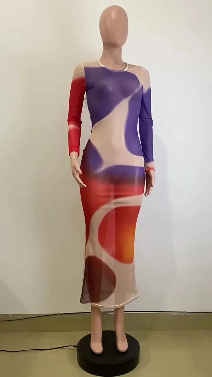 J&H 2024 Spring New European and American Fashion Sexy Print Round Neck Slim Fit Wrap Hip Dress