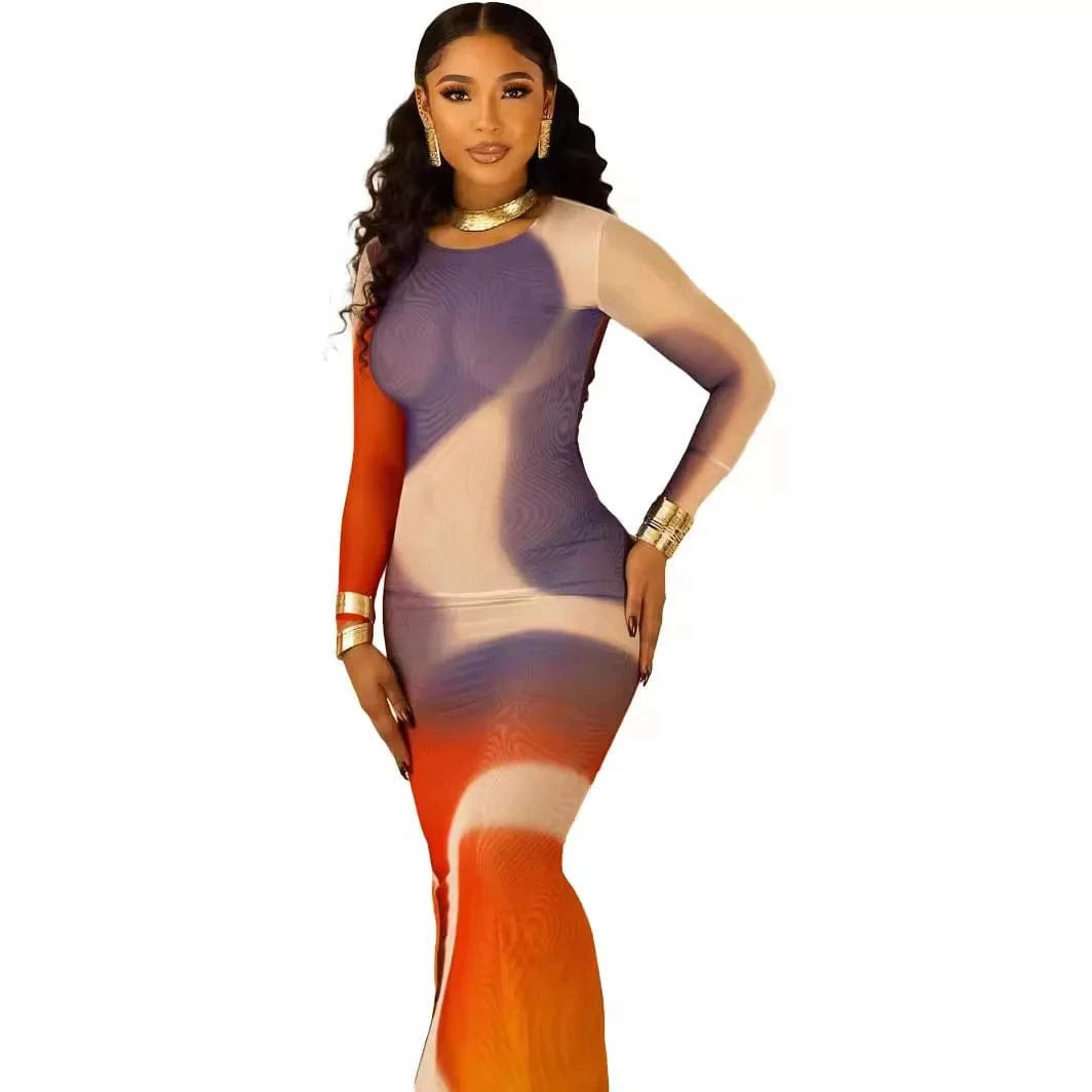 J&H 2024 Spring New European and American Fashion Sexy Print Round Neck Slim Fit Wrap Hip Dress