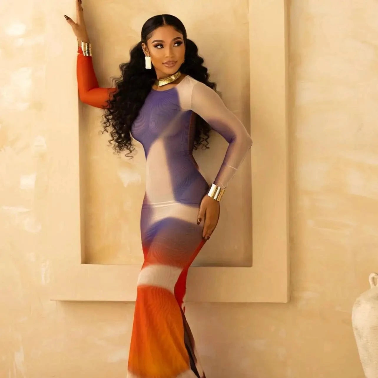 J&H 2024 Spring New European and American Fashion Sexy Print Round Neck Slim Fit Wrap Hip Dress