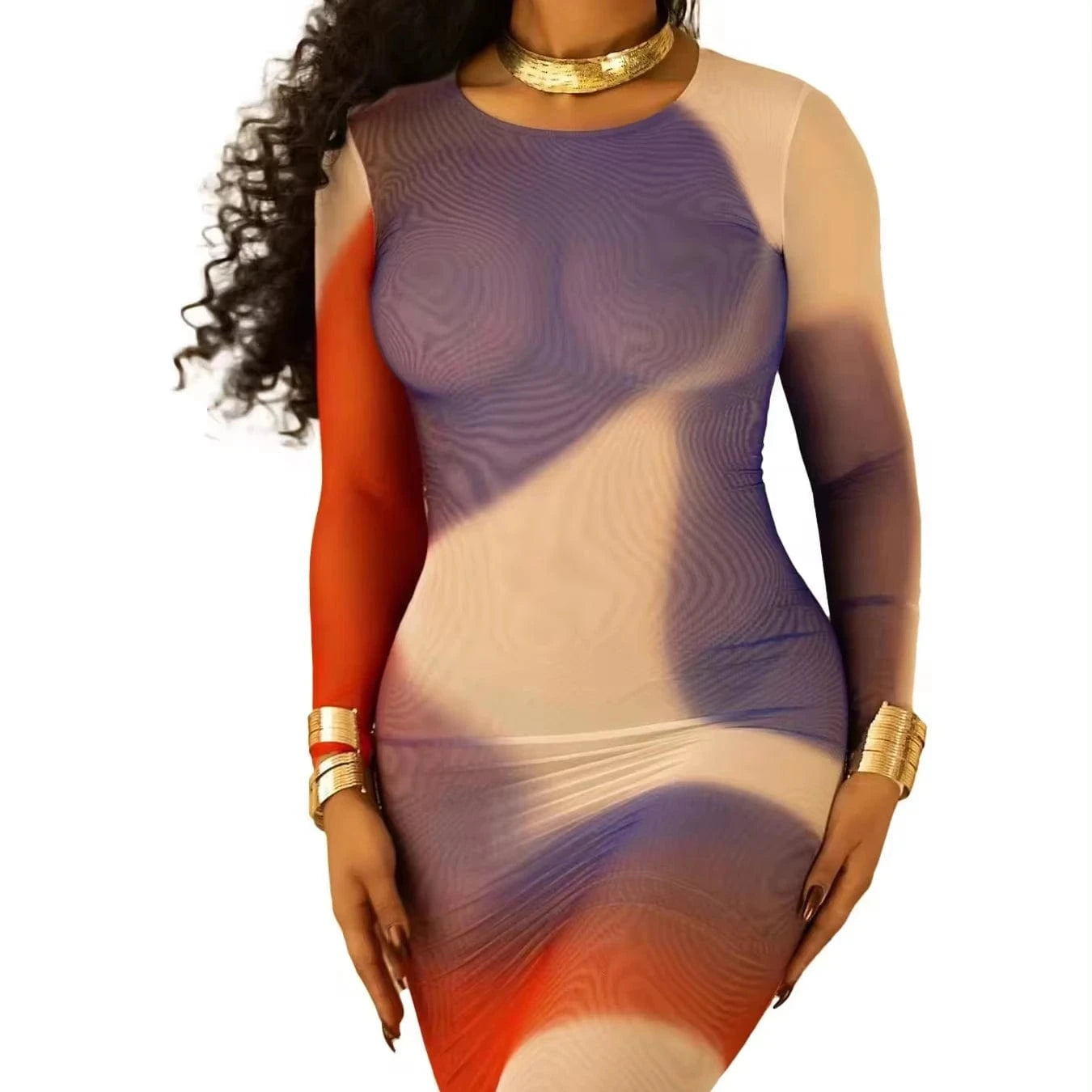 J&H 2024 Spring New European and American Fashion Sexy Print Round Neck Slim Fit Wrap Hip Dress