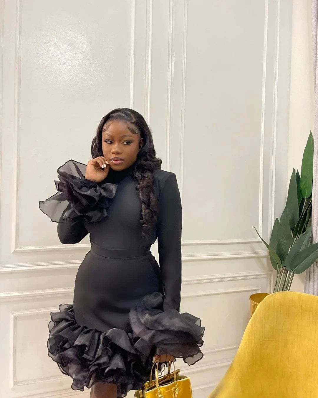 J&H 2024 Spring New Style Long Sleeve Slim Fit Wrap Hip Black Mesh Elegant Ruffle Edge Midi Dress