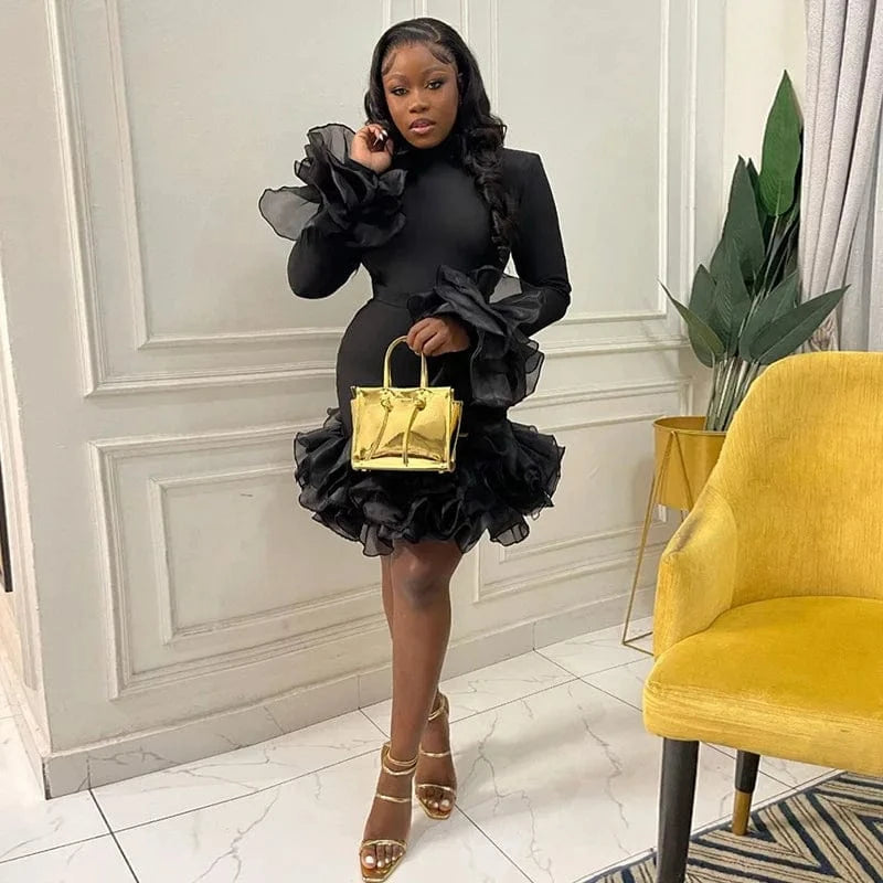 J&H 2024 Spring New Style Long Sleeve Slim Fit Wrap Hip Black Mesh Elegant Ruffle Edge Midi Dress