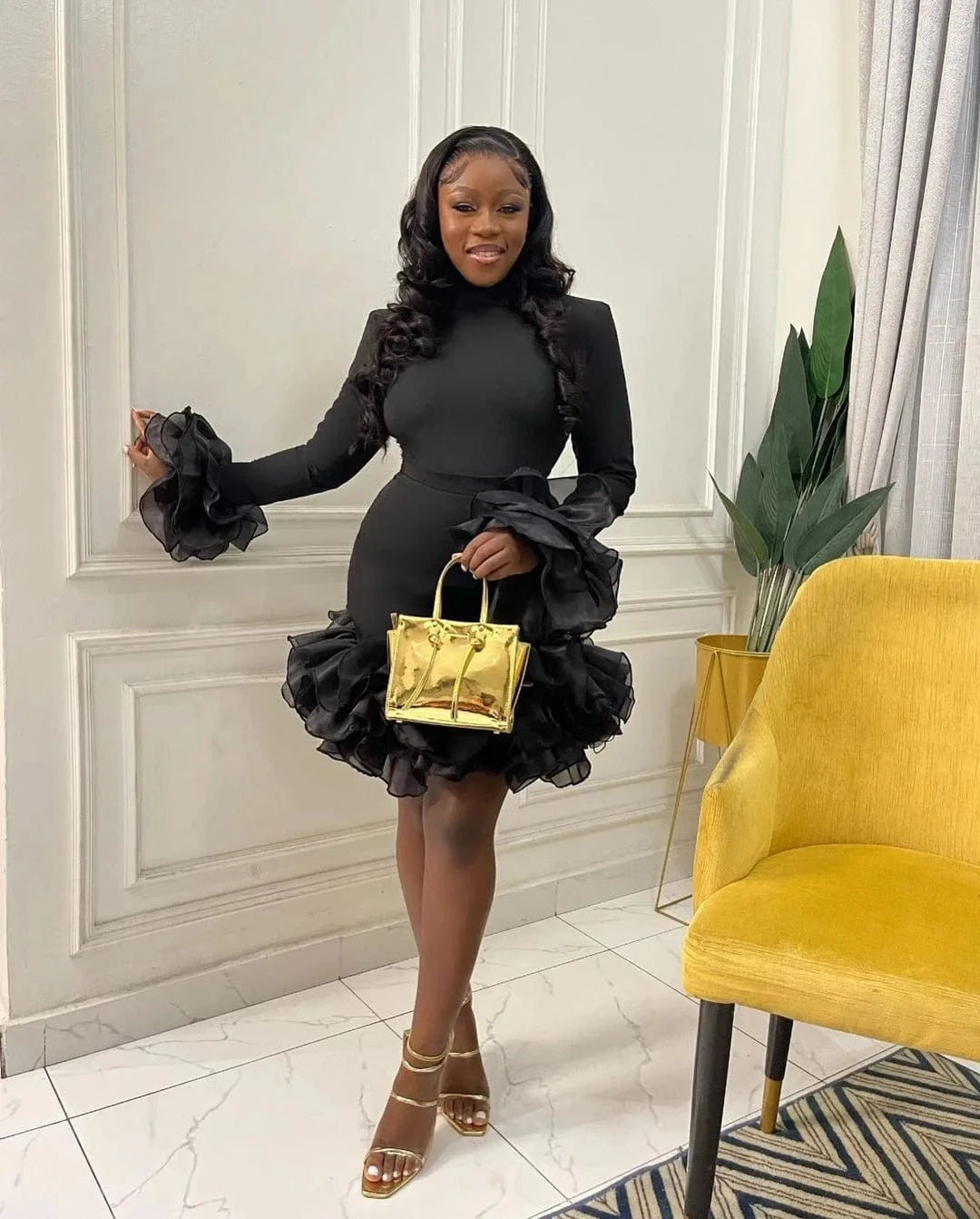 J&H 2024 Spring New Style Long Sleeve Slim Fit Wrap Hip Black Mesh Elegant Ruffle Edge Midi Dress