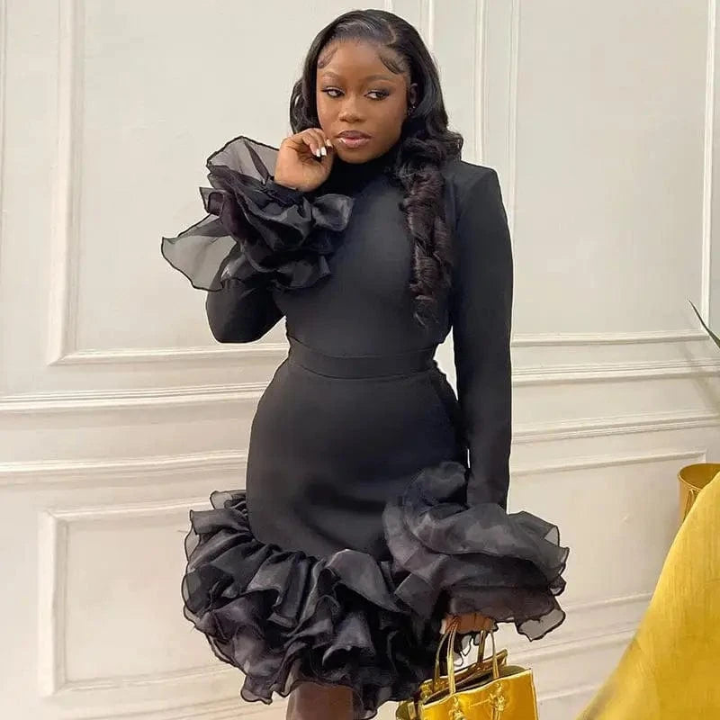 J&H 2024 Spring New Style Long Sleeve Slim Fit Wrap Hip Black Mesh Elegant Ruffle Edge Midi Dress