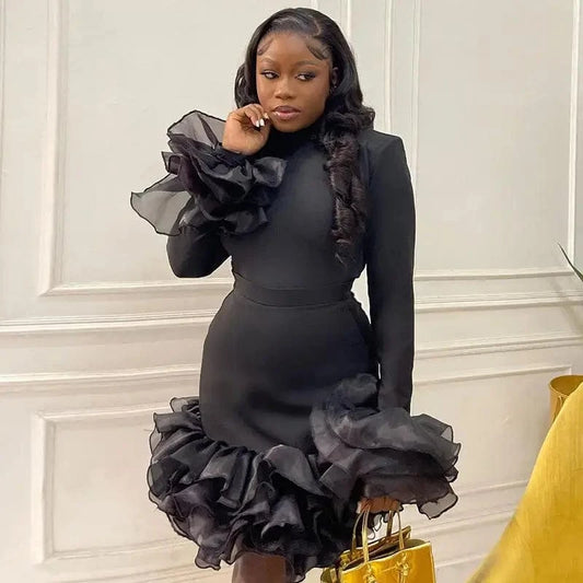 J&H 2024 Spring New Style Long Sleeve Slim Fit Wrap Hip Black Mesh Elegant Ruffle Edge Midi Dress