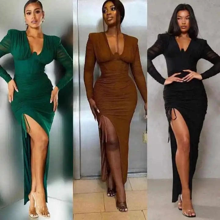 J&H 2024 Spring Summer Chic Women's V-neck Long sleeved Wrapped Hip Long Dress Sexy Slim Fit Pleated Split Dress
