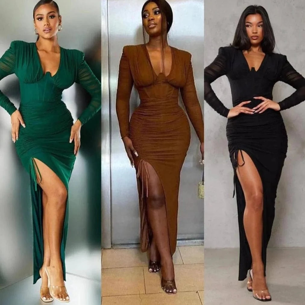 J&H 2024 Spring Summer Chic Women's V-neck Long sleeved Wrapped Hip Long Dress Sexy Slim Fit Pleated Split Dress