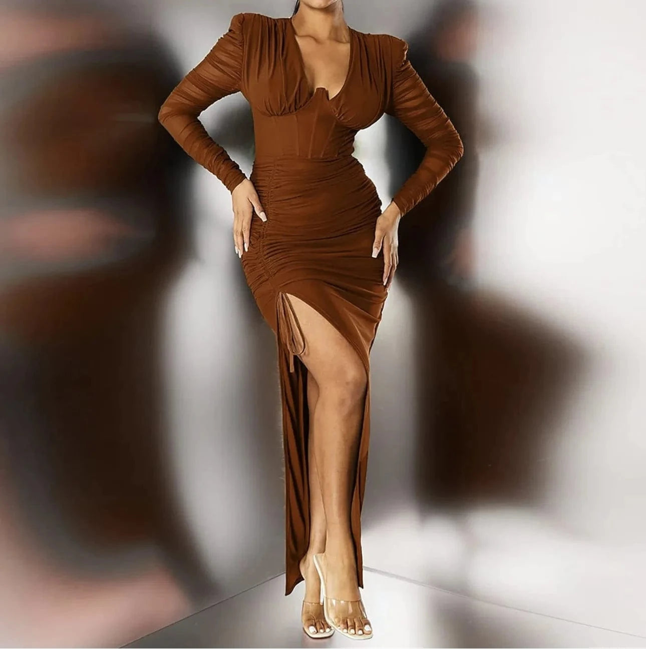J&H 2024 Spring Summer Chic Women's V-neck Long sleeved Wrapped Hip Long Dress Sexy Slim Fit Pleated Split Dress