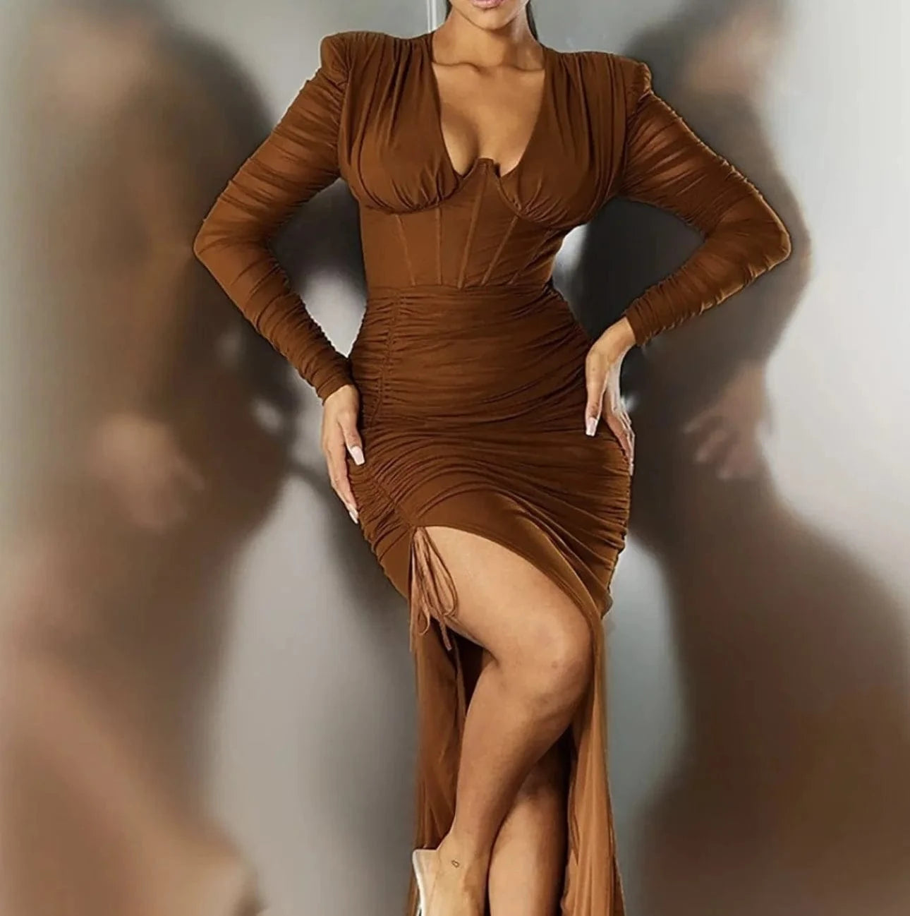 J&H 2024 Spring Summer Chic Women's V-neck Long sleeved Wrapped Hip Long Dress Sexy Slim Fit Pleated Split Dress