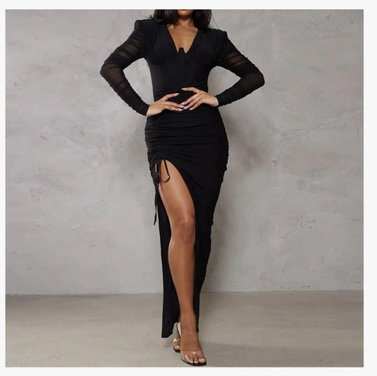J&H 2024 Spring Summer Chic Women's V-neck Long sleeved Wrapped Hip Long Dress Sexy Slim Fit Pleated Split Dress