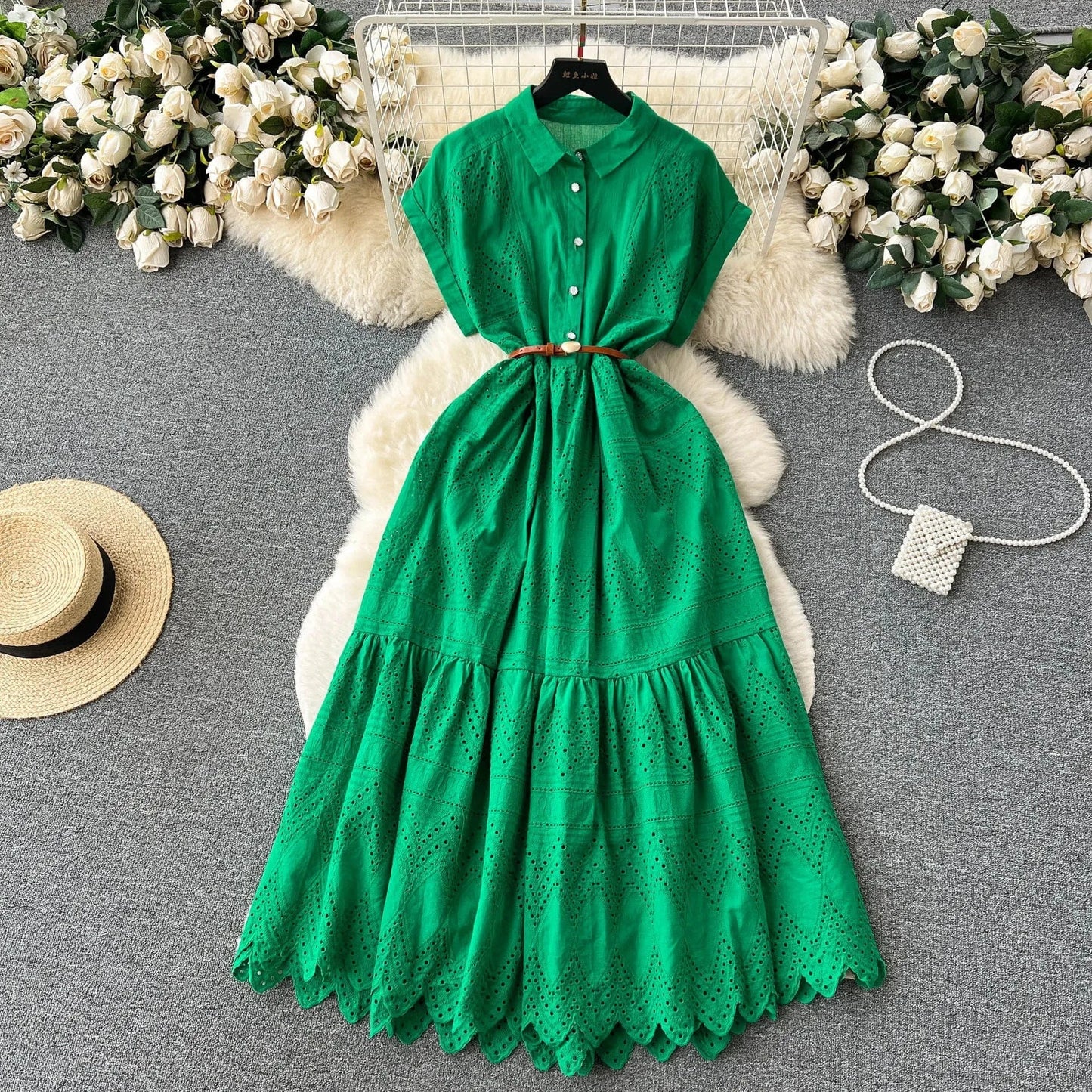 J&H 2024 Summer New Design Solid Embroidery Hollow Out Turn-down Collar Short Sleeve Women Dresses Clothing