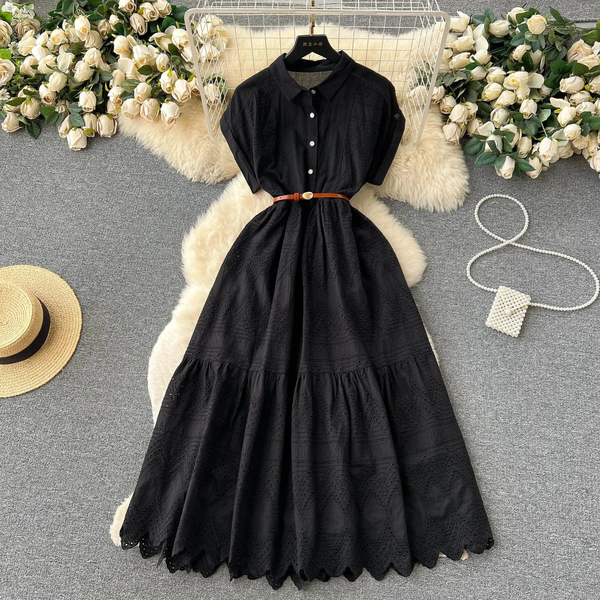 J&H 2024 Summer New Design Solid Embroidery Hollow Out Turn-down Collar Short Sleeve Women Dresses Clothing