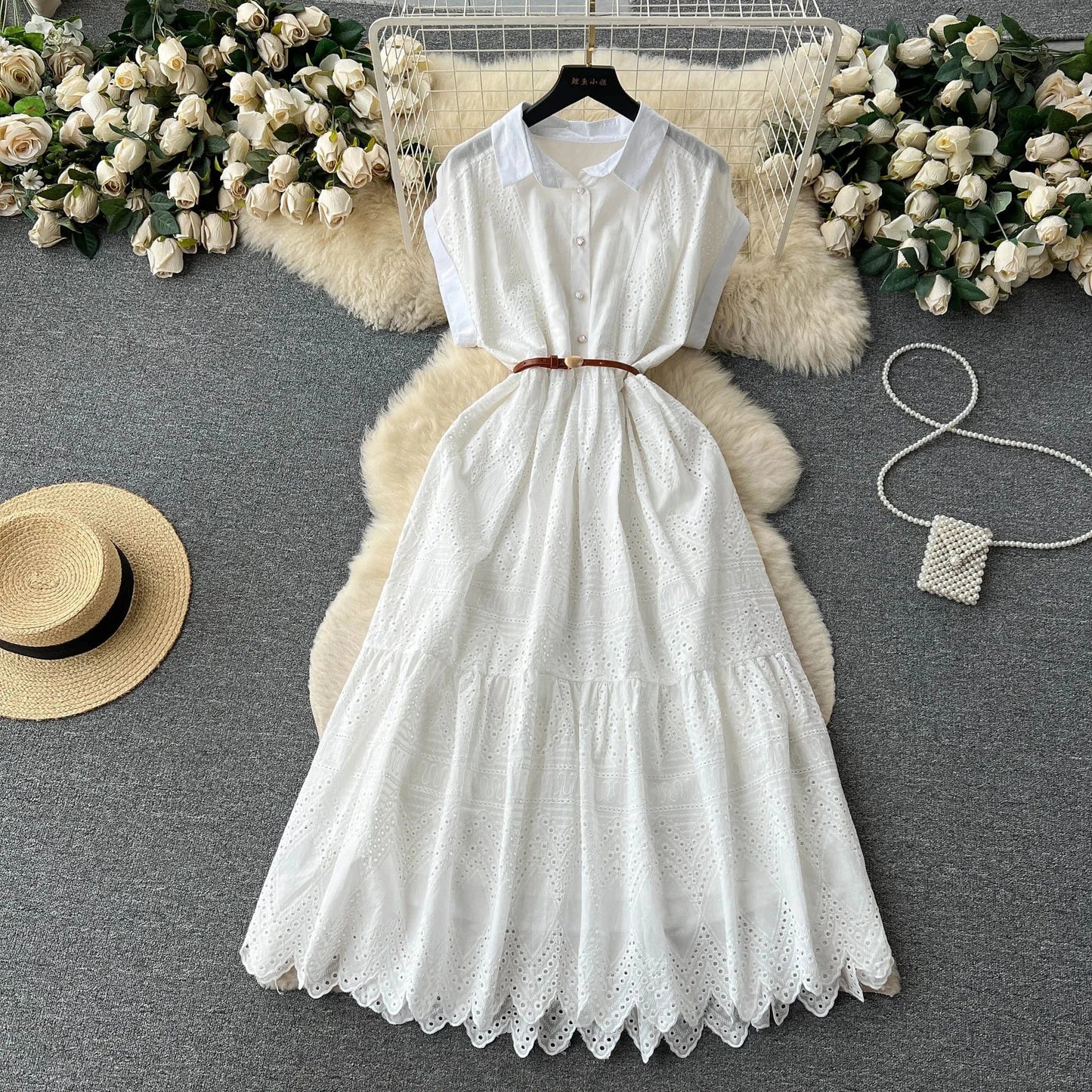 J&H 2024 Summer New Design Solid Embroidery Hollow Out Turn-down Collar Short Sleeve Women Dresses Clothing