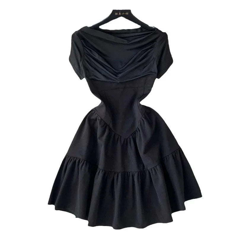 J&H 2024 Summer New French Design Sense of Quality Solid Color Pleated Puffy Short Sleeve Waist Wrap Pleated Dress