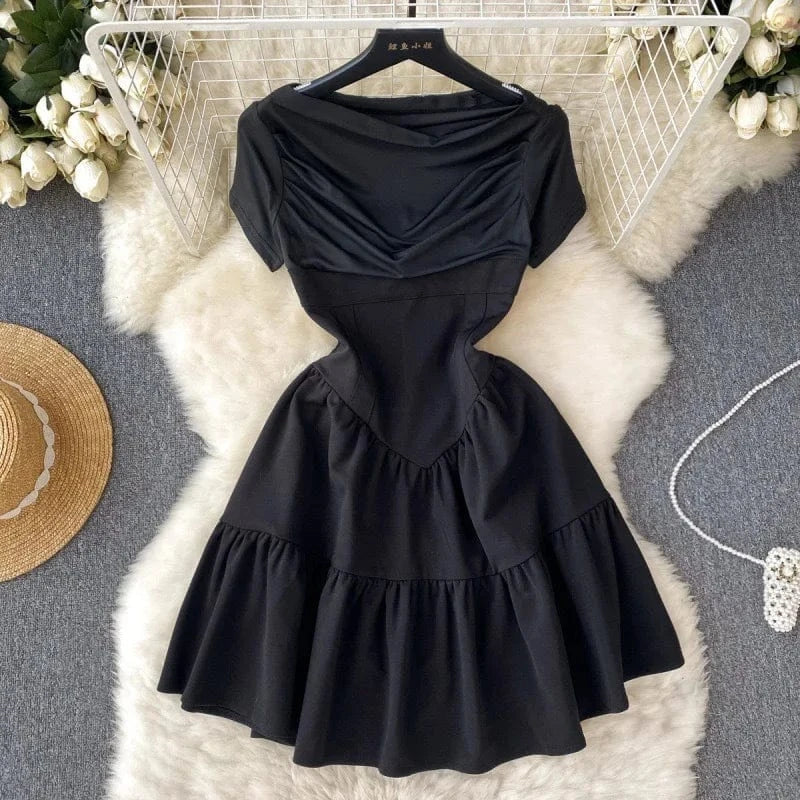 J&H 2024 Summer New French Design Sense of Quality Solid Color Pleated Puffy Short Sleeve Waist Wrap Pleated Dress