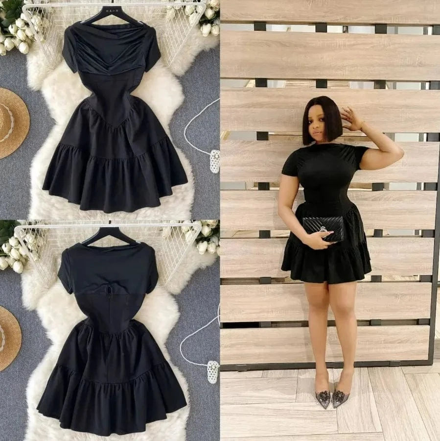J&H 2024 Summer New French Design Sense of Quality Solid Color Pleated Puffy Short Sleeve Waist Wrap Pleated Dress