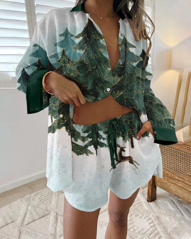 J&H 2024 Summer New Versatile Hip Hop Hawaiian 3D Digital Print Long sleeved Shirt and Shorts Set for Fashionable Women