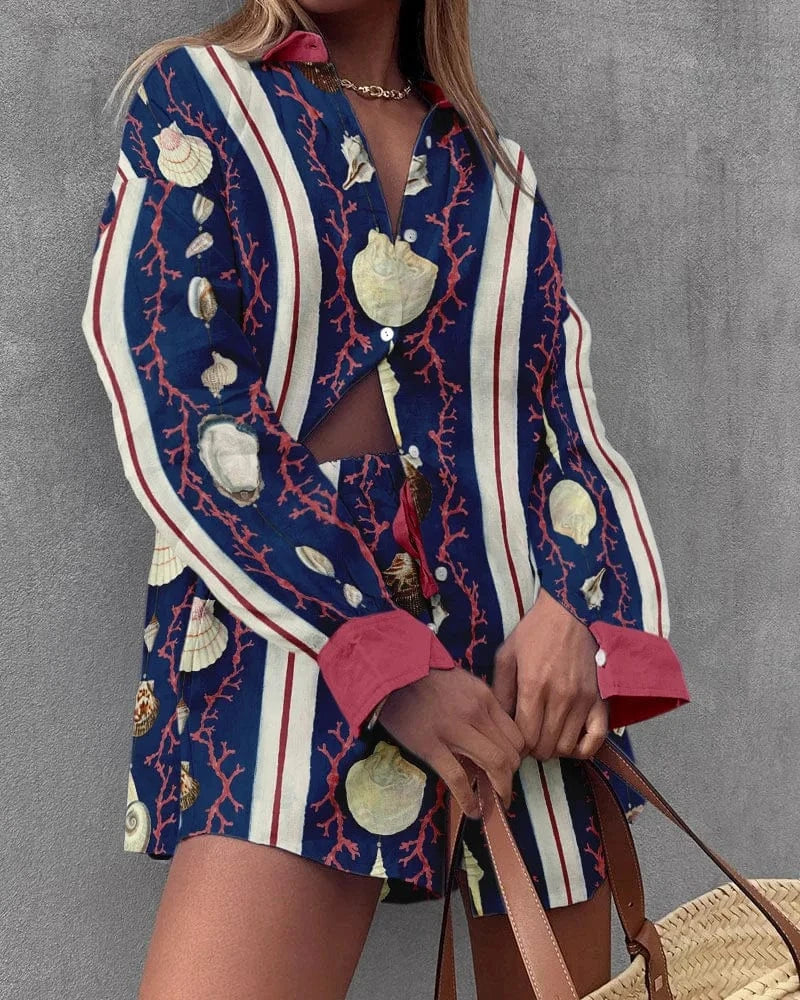 J&H 2024 Summer New Versatile Hip Hop Hawaiian 3D Digital Print Long sleeved Shirt and Shorts Set for Fashionable Women