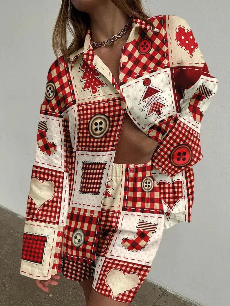 J&H 2024 Summer New Versatile Hip Hop Hawaiian 3D Digital Print Long sleeved Shirt and Shorts Set for Fashionable Women