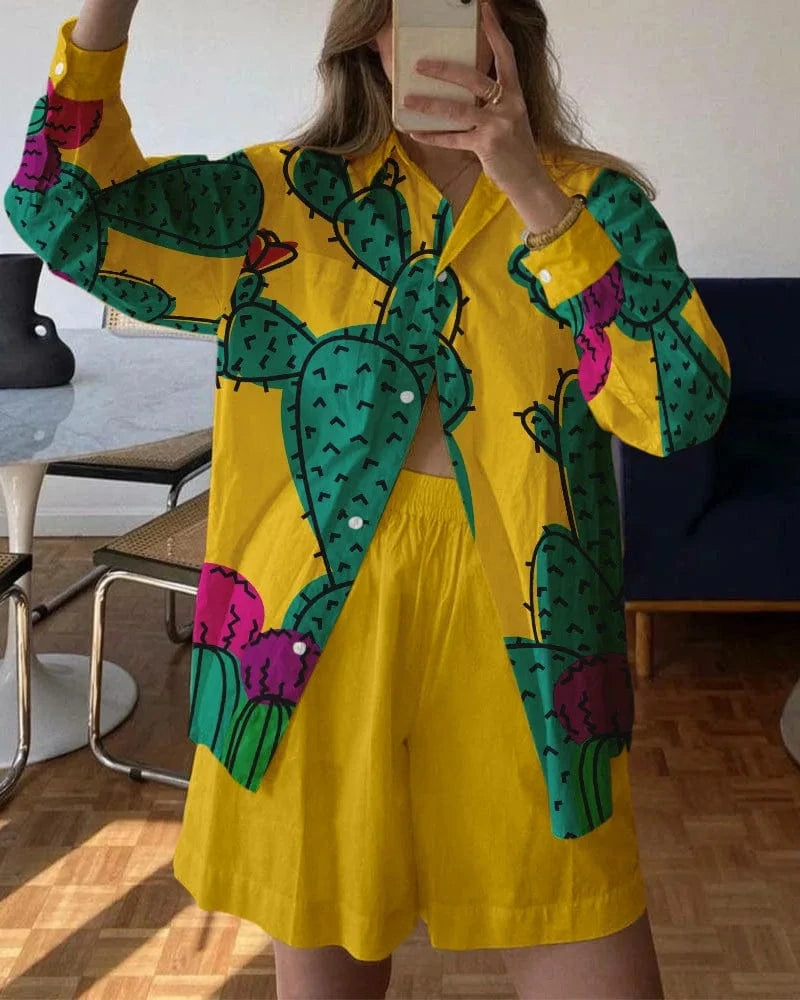 J&H 2024 Summer New Versatile Hip Hop Hawaiian 3D Digital Print Long sleeved Shirt and Shorts Set for Fashionable Women