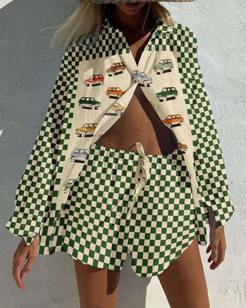 J&H 2024 Summer New Versatile Hip Hop Hawaiian 3D Digital Print Long sleeved Shirt and Shorts Set for Fashionable Women