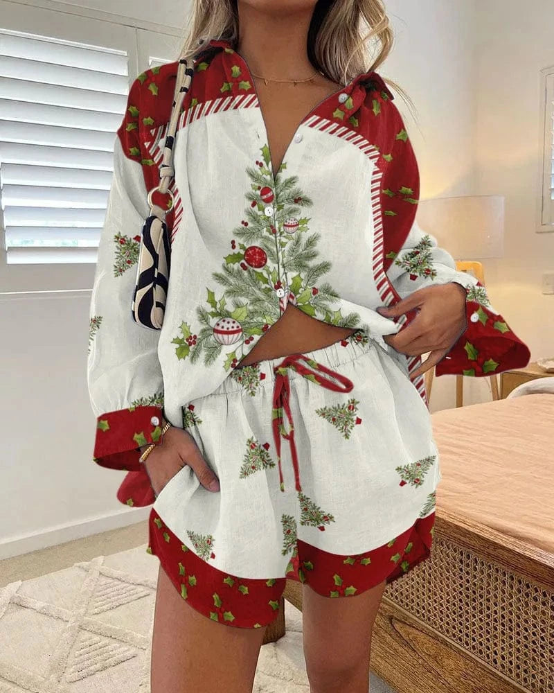 J&H 2024 Summer New Versatile Hip Hop Hawaiian 3D Digital Print Long sleeved Shirt and Shorts Set for Fashionable Women