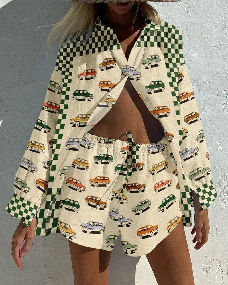 J&H 2024 Summer New Versatile Hip Hop Hawaiian 3D Digital Print Long sleeved Shirt and Shorts Set for Fashionable Women