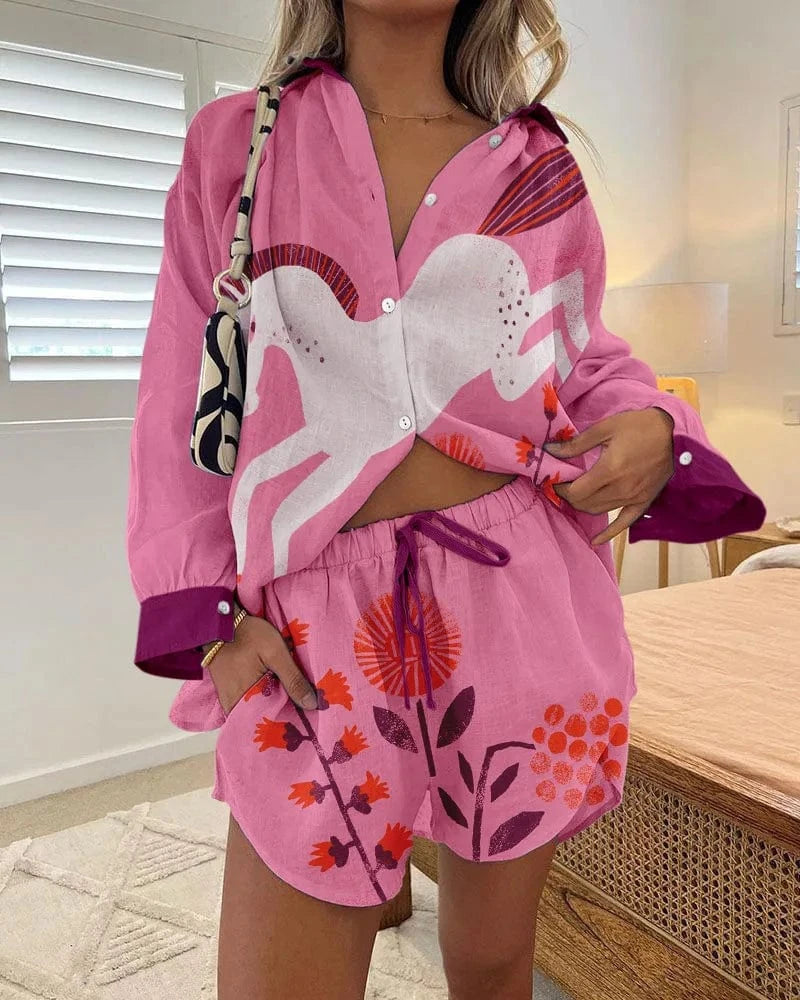 J&H 2024 Summer New Versatile Hip Hop Hawaiian 3D Digital Print Long sleeved Shirt and Shorts Set for Fashionable Women