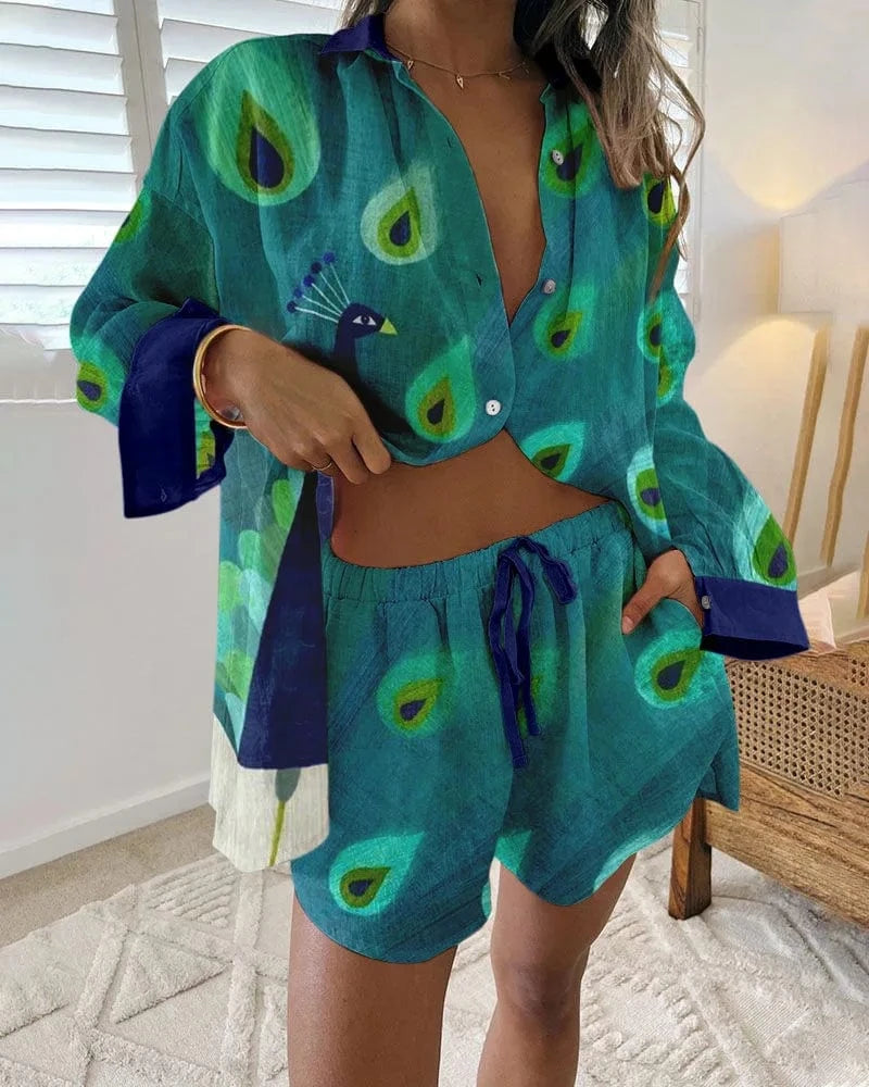 J&H 2024 Summer New Versatile Hip Hop Hawaiian 3D Digital Print Long sleeved Shirt and Shorts Set for Fashionable Women