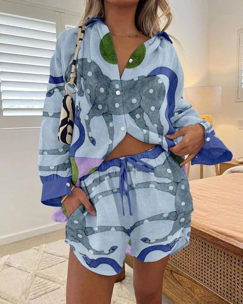 J&H 2024 Summer New Versatile Hip Hop Hawaiian 3D Digital Print Long sleeved Shirt and Shorts Set for Fashionable Women