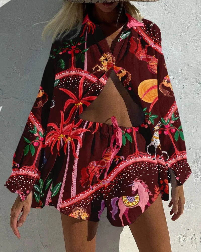 J&H 2024 Summer New Versatile Hip Hop Hawaiian 3D Digital Print Long sleeved Shirt and Shorts Set for Fashionable Women