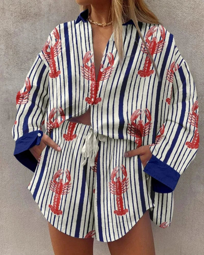 J&H 2024 Summer New Versatile Hip Hop Hawaiian 3D Digital Print Long sleeved Shirt and Shorts Set for Fashionable Women