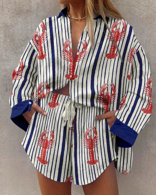 J&H 2024 Summer New Versatile Hip Hop Hawaiian 3D Digital Print Long sleeved Shirt and Shorts Set for Fashionable Women