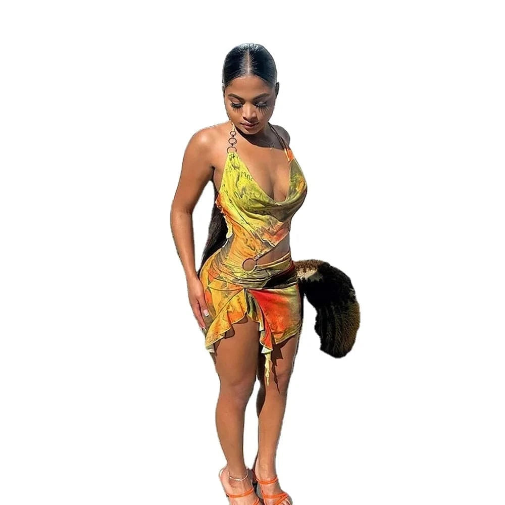 J&H 2024 Summer Sexy V Hanging Neck Mesh Umbilical Irregular Suspender Dress Women Vocation Hollow Out Mini Dress