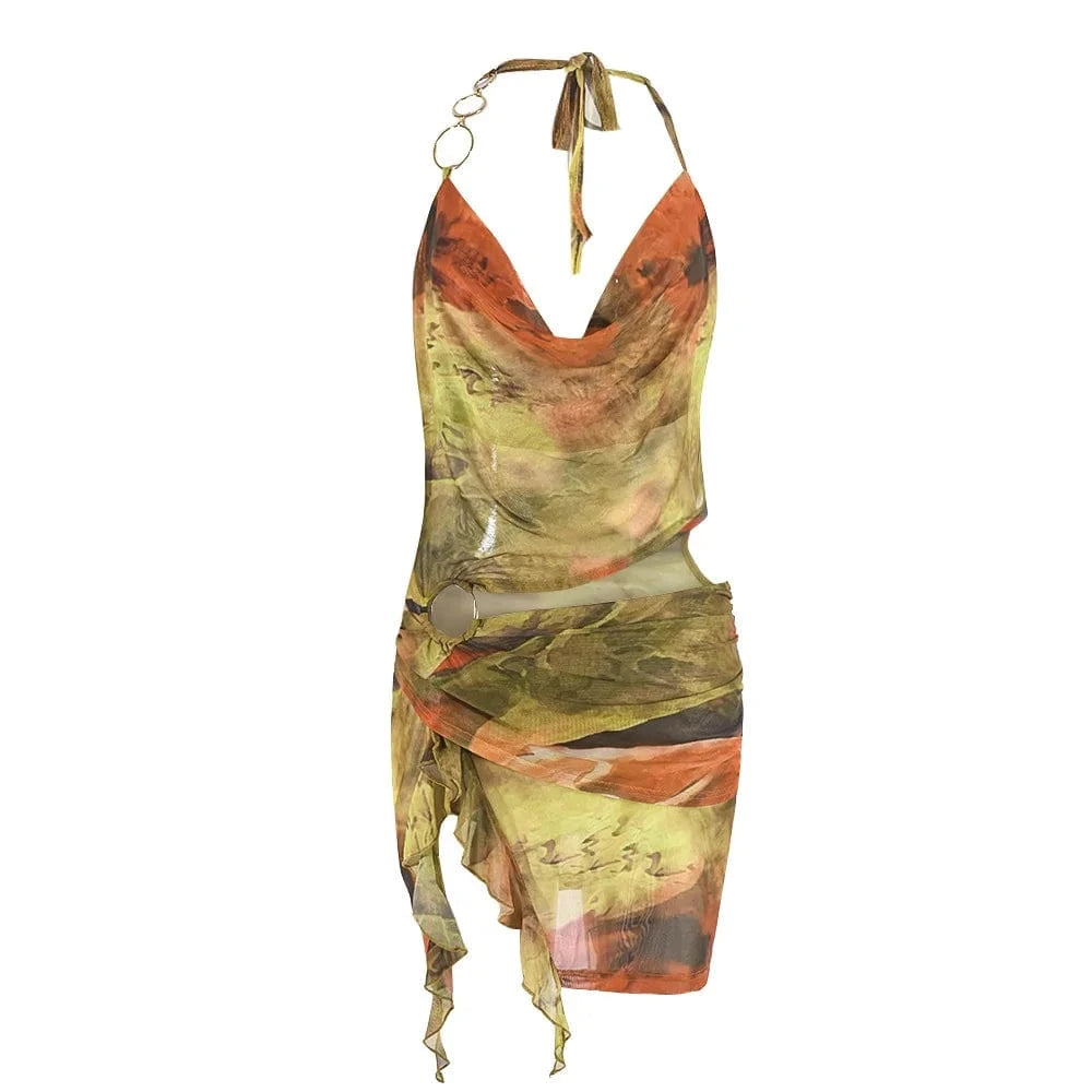 J&H 2024 Summer Sexy V Hanging Neck Mesh Umbilical Irregular Suspender Dress Women Vocation Hollow Out Mini Dress