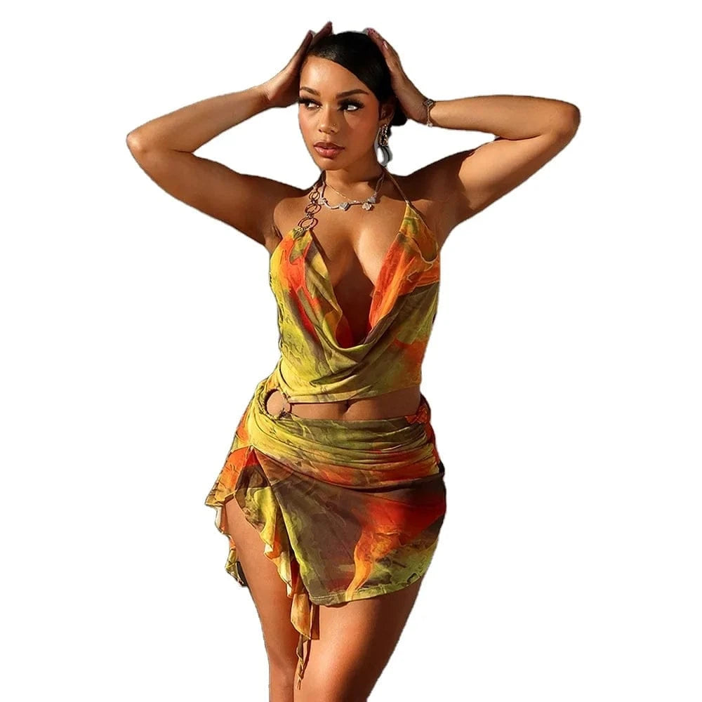 J&H 2024 Summer Sexy V Hanging Neck Mesh Umbilical Irregular Suspender Dress Women Vocation Hollow Out Mini Dress