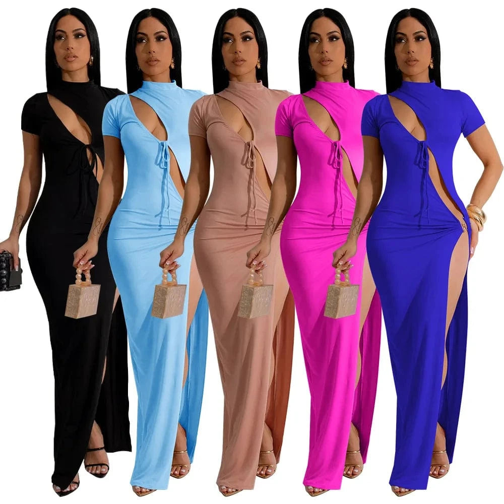 J&H 2024 Summer Solid Sexy Hollow Out High Slit Dress Ladies Elegant Fashion Short Sleeve Shirt Maxi Dress