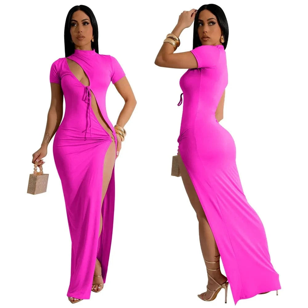 J&H 2024 Summer Solid Sexy Hollow Out High Slit Dress Ladies Elegant Fashion Short Sleeve Shirt Maxi Dress