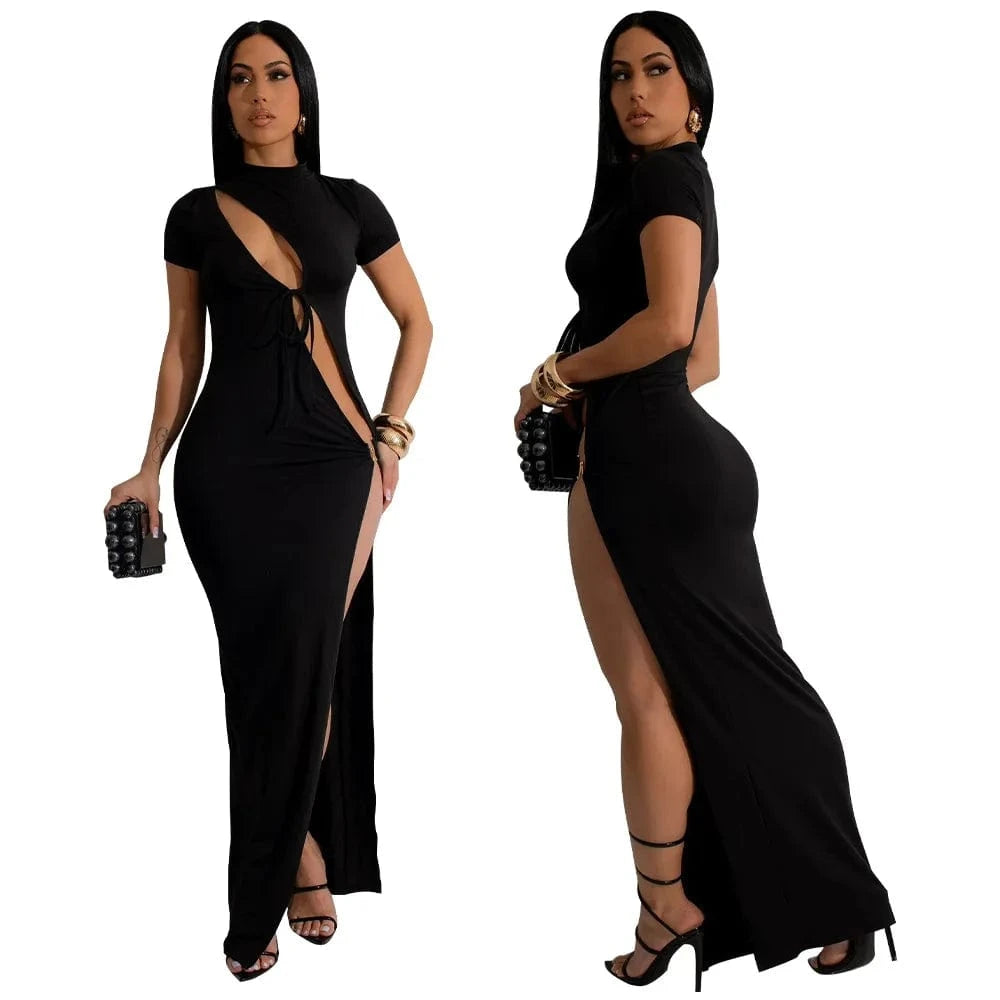 J&H 2024 Summer Solid Sexy Hollow Out High Slit Dress Ladies Elegant Fashion Short Sleeve Shirt Maxi Dress