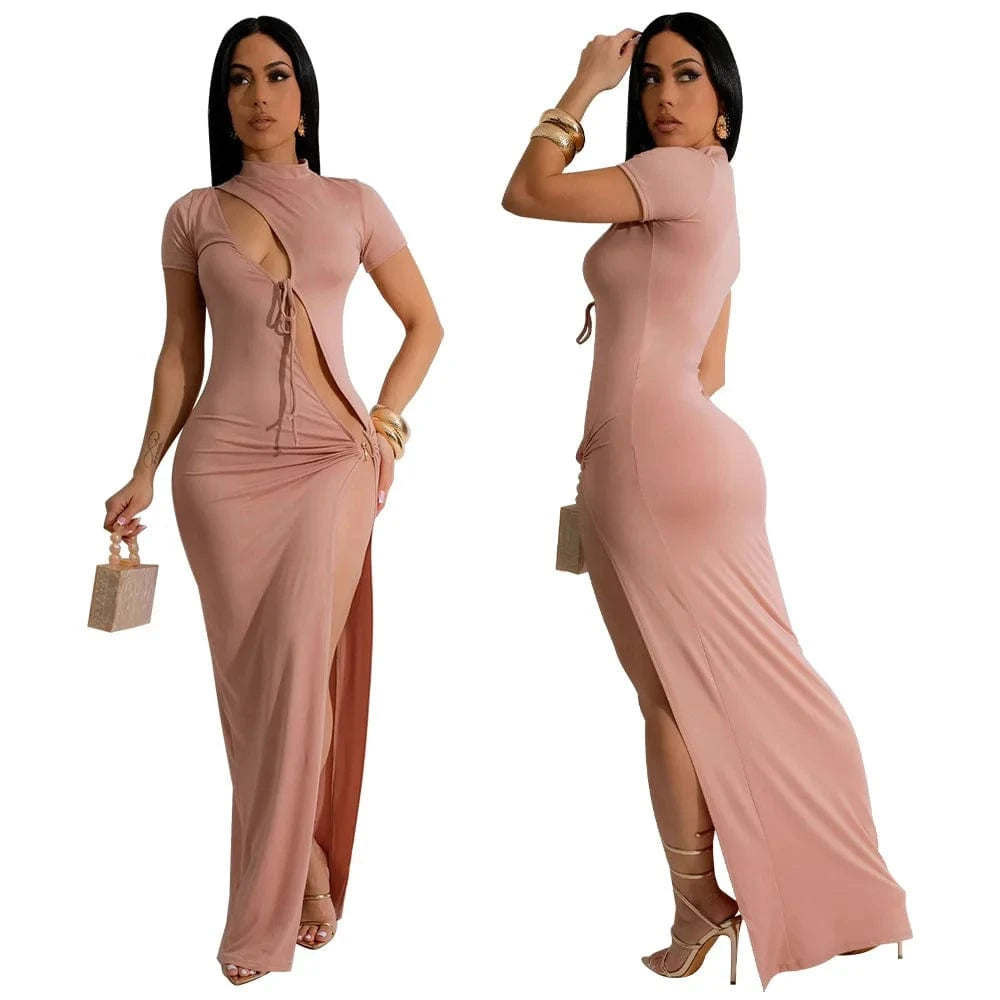 J&H 2024 Summer Solid Sexy Hollow Out High Slit Dress Ladies Elegant Fashion Short Sleeve Shirt Maxi Dress