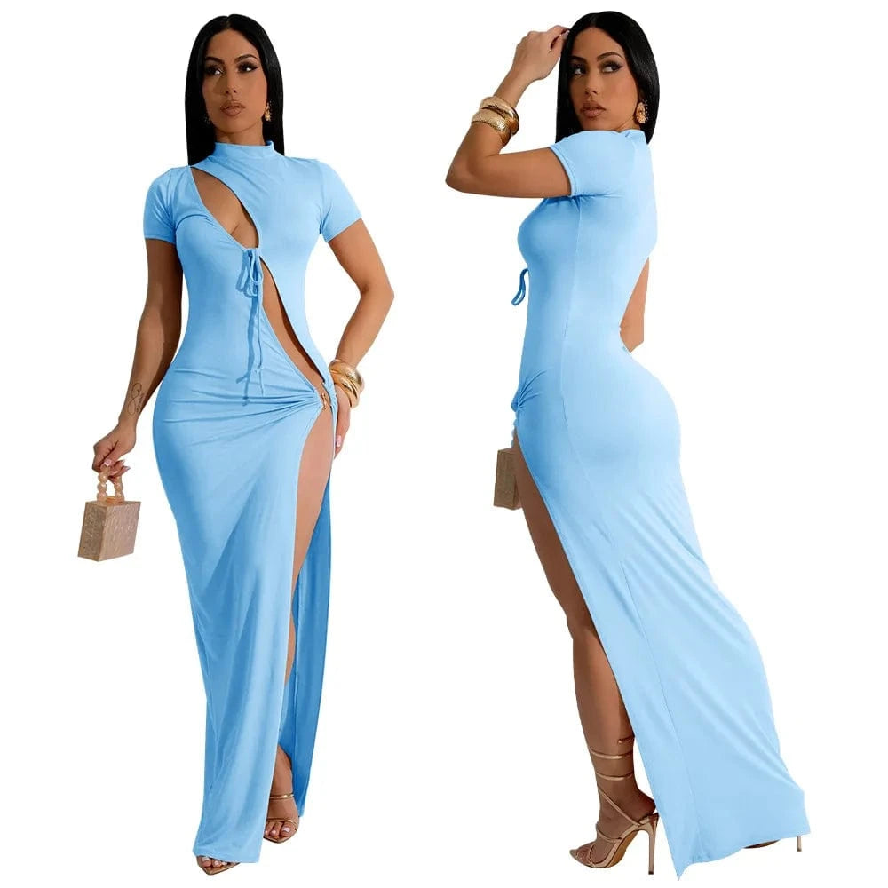 J&H 2024 Summer Solid Sexy Hollow Out High Slit Dress Ladies Elegant Fashion Short Sleeve Shirt Maxi Dress