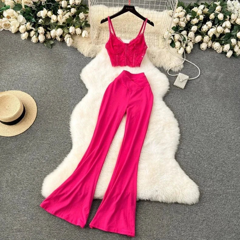 J&H 2024 trendy sexy lace two piece flared pants set
