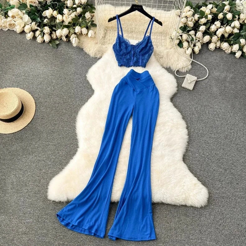 J&H 2024 trendy sexy lace two piece flared pants set