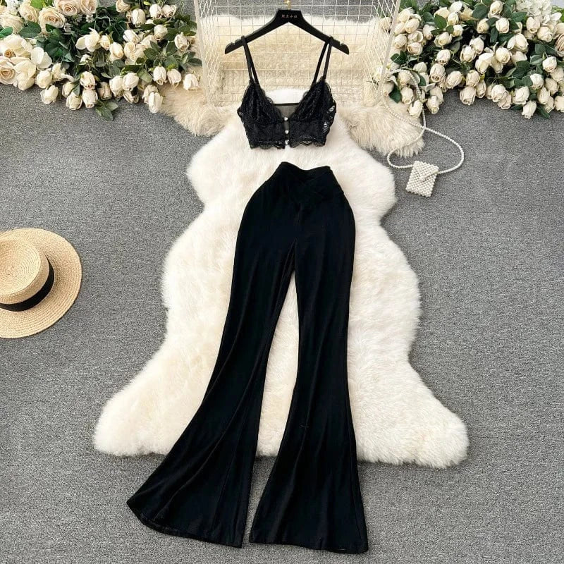 J&H 2024 trendy sexy lace two piece flared pants set