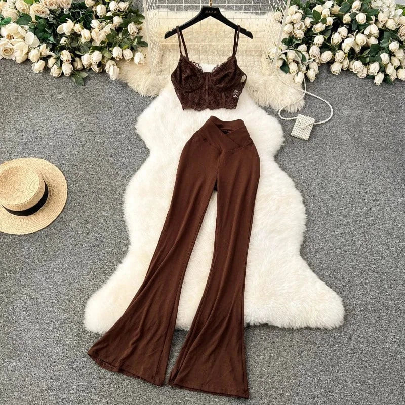 J&H 2024 trendy sexy lace two piece flared pants set