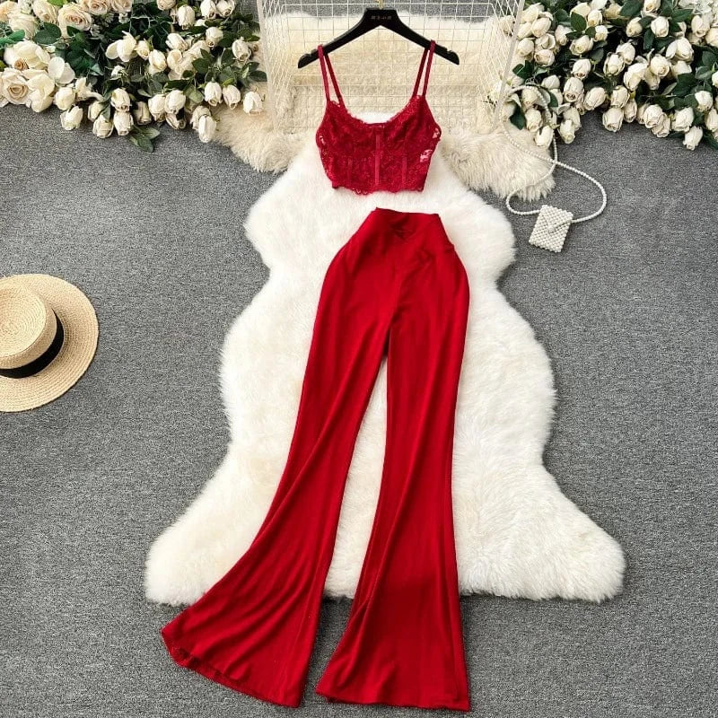 J&H 2024 trendy sexy lace two piece flared pants set