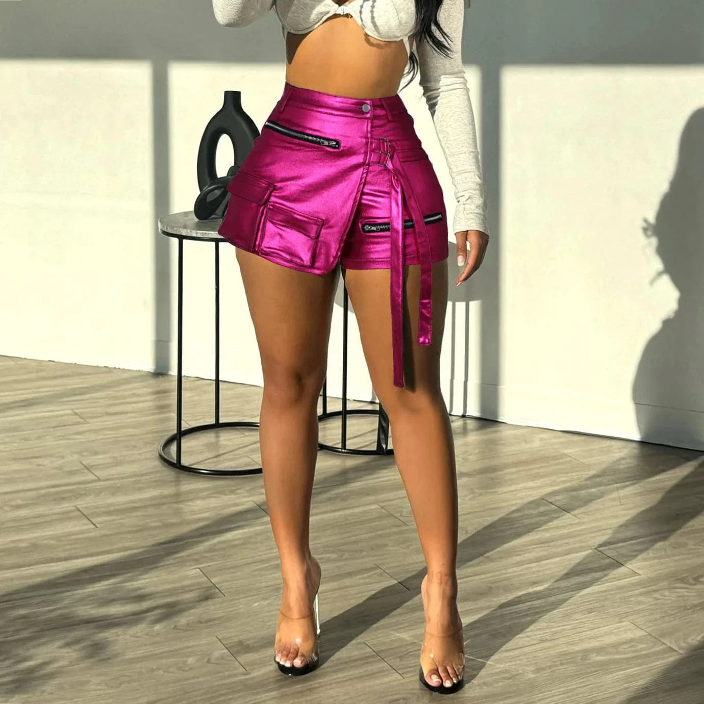 J&H 2024 Women'S Summer Hot Pants Fashionable High Elasticity Shinny Leather Multi Pocket A-Line Shorts Skirt